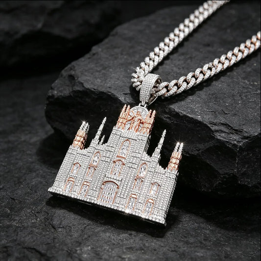 CZ 18K Gold Plated Religious Jesus Statue Castle Pendant For Men Rapper Party Jewelry Accessory Gift Street Culture Club Party Statement Ornament  Full Micro Pave Shiny Big 3D Iced Out Cathedral Pendant Hip Hop Church Design