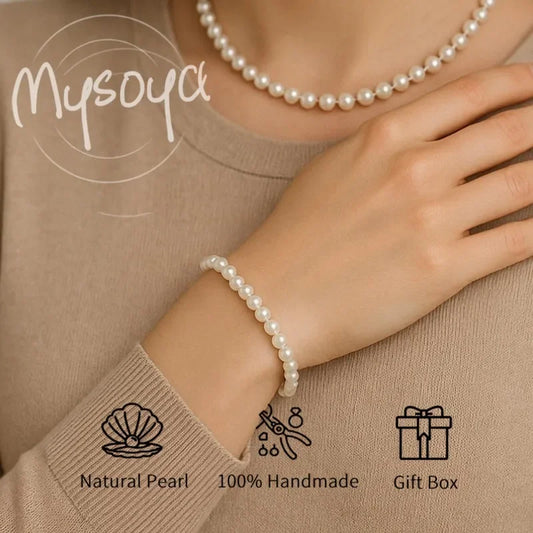 MYSOYA White Freshwater Pearl Bracelet 6-7mm With Gift Box For Her/Him Birthday/Wedding/Christmas/New Year Gift