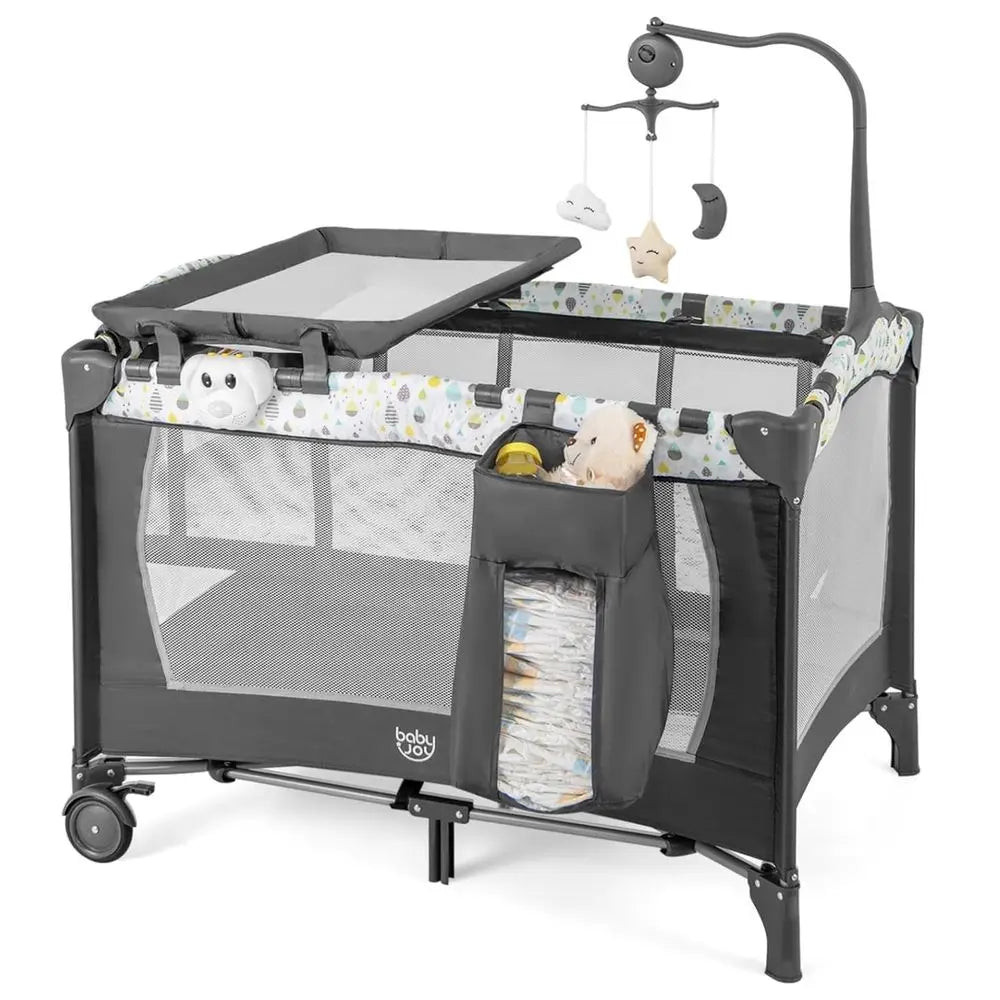 Portable 3-in-1 Playard with Bassinet, Changing Station, and Music, Suitable for Newborns to Toddlers