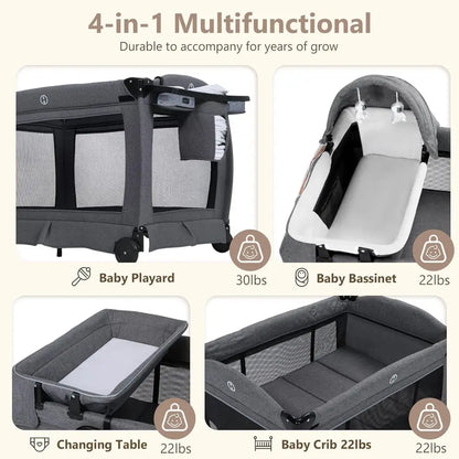 Convertible 4-in-1 Foldable Playard with Bassinet, Changing Table, and Canopy for Babies and Toddlers, Portable Newborn Crib Bed