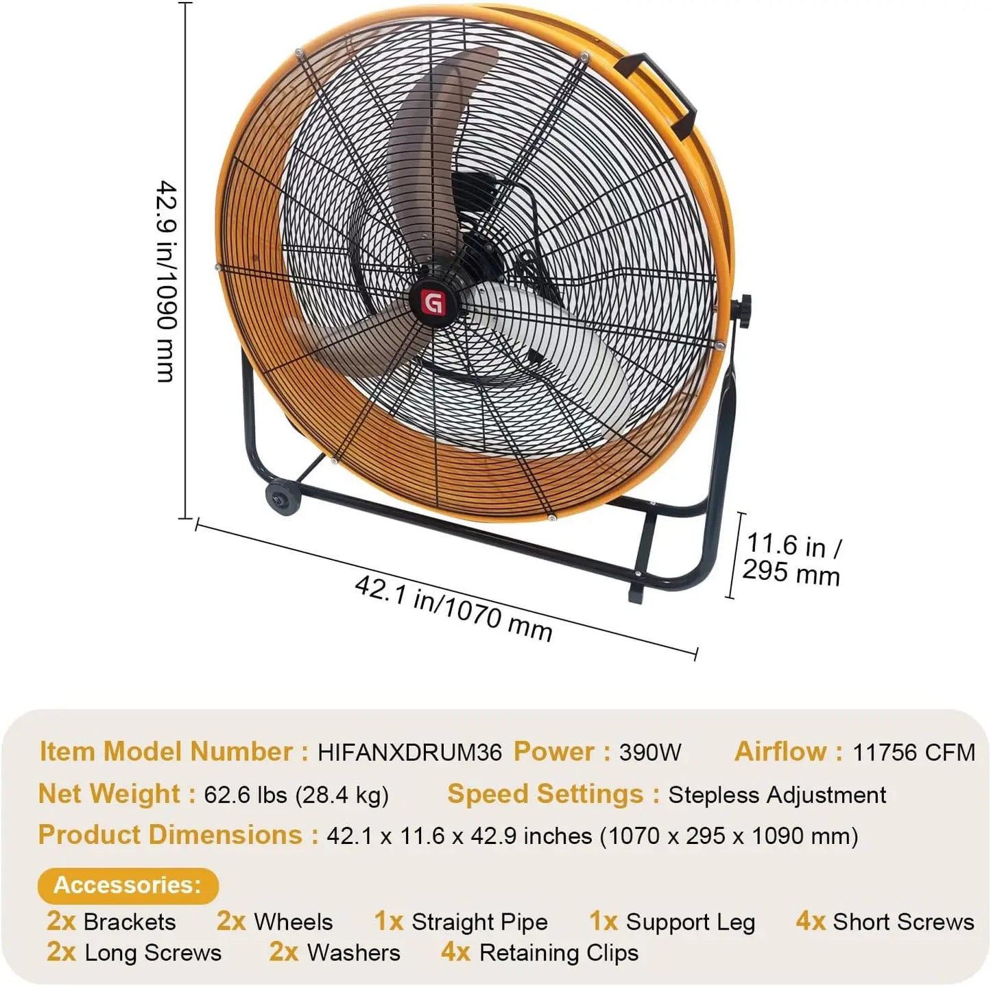 High Velocity Drum Fan, 11756 CFM 3-Speed Adjustable Floor Fan With 360° Tilt, Portable Air Circulator for Industrial Use