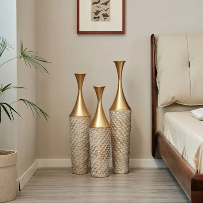 Modern Style 3-Piece Floor Metal Vase Home Decoration Set Large Glazed With Woven Pattern Gorgeous Home Decor Shipping From USA