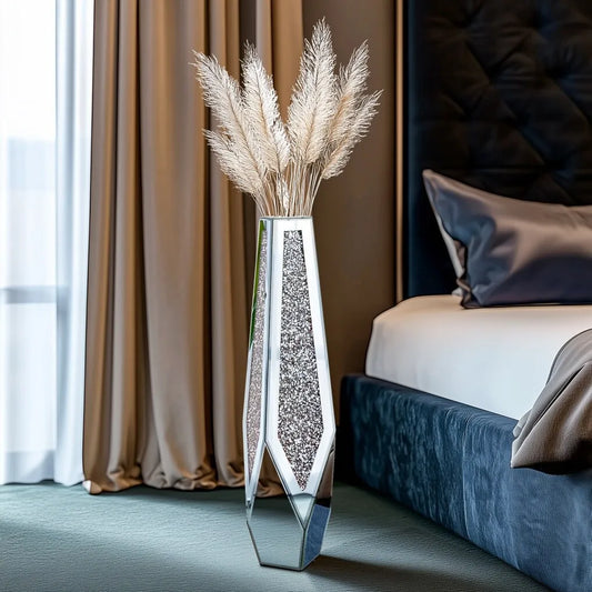 XL Floor Vase for for Dried Flower, 86cm Tall Sparkle Diamond Vase with Mirrored Bevelled Border, Open Base