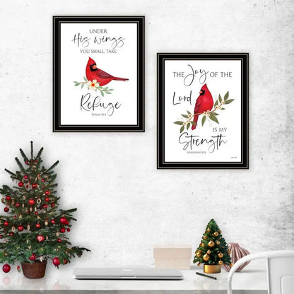 2-Piece Vignette Wall Art - "The Lord is My Strength" with Red Cardinals, Black Frame for Living Room and Bedroom Decor by