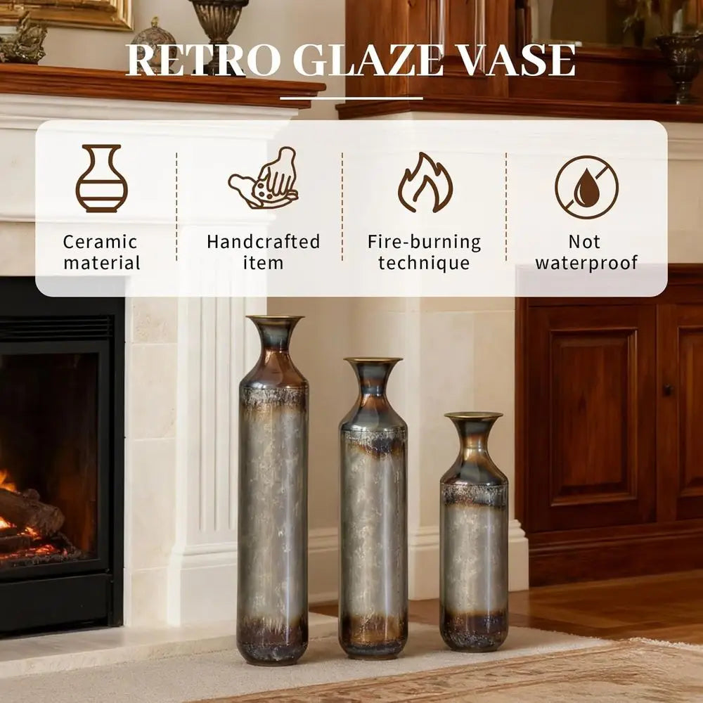 Floor Vases Decorative Tall Set of 3, Rustic Burnt Finish Metal Floor Vases for Decor Living Room, Fireplace Corner Hallway, Bed