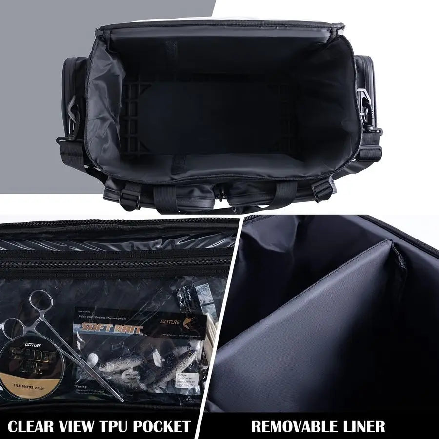 Large Tackle Bag,1800D PVC Waterproof Saltwater Gear Storage Big Fishing Bag with EVA Bottom,Store Up to 8PCS 3700 Plus 4PCS 360