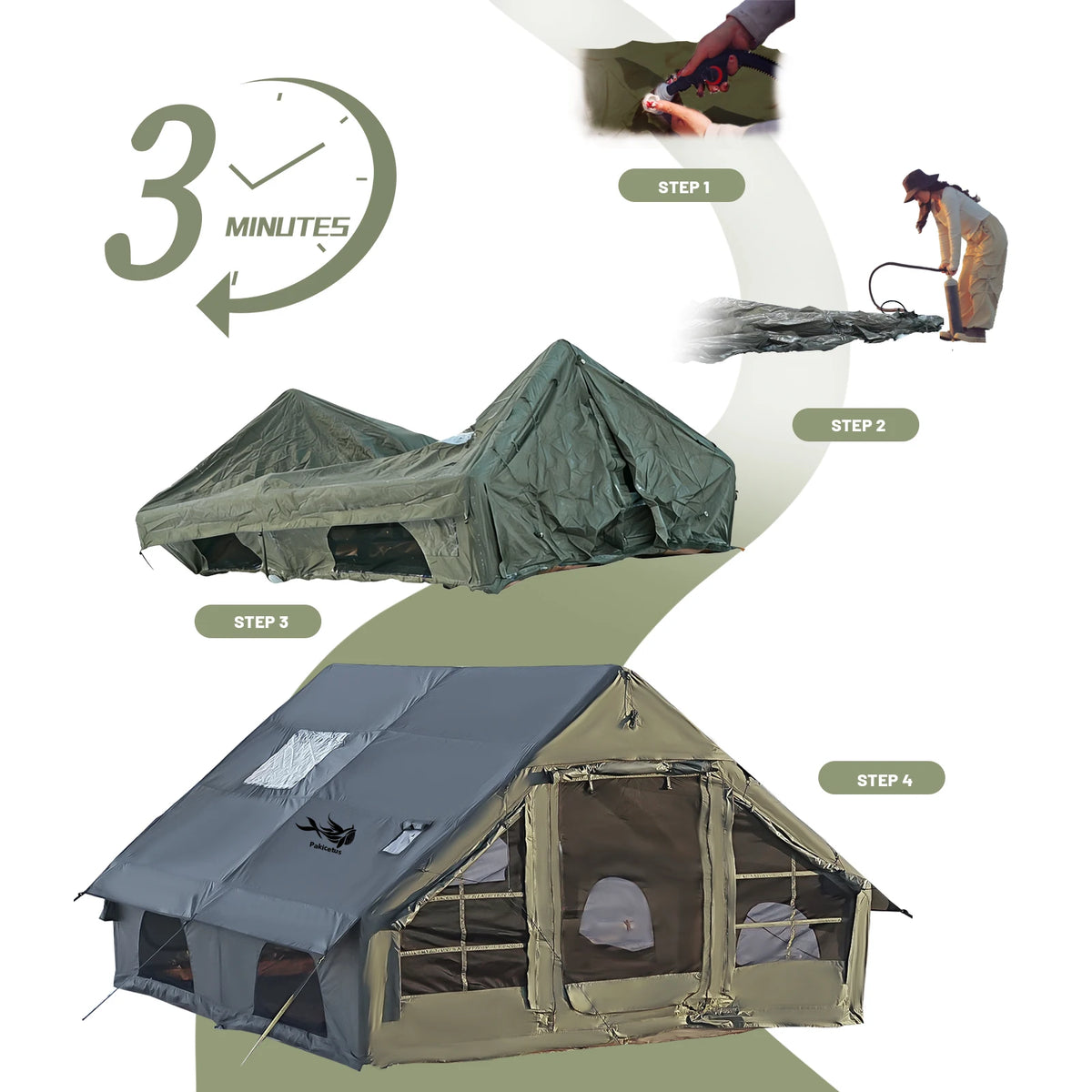 PAKICETUS Luxury Inflatable Glamping Tent 4 Season Anti-Snow Spacious Air Tent with Manual Hand Pump, Easy Setup Polyester Fiber Shelter for Outdoor Camping & Backyard Activities