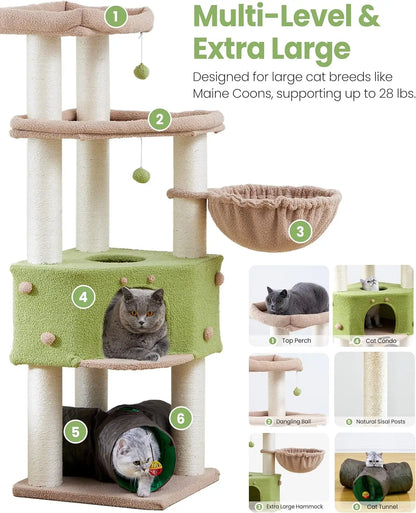 Large Cat Tree Tower for Indoor Cats - Extra Wide Scratching Post with Hammock and Tunnel, 60 Inch Multi-Level House