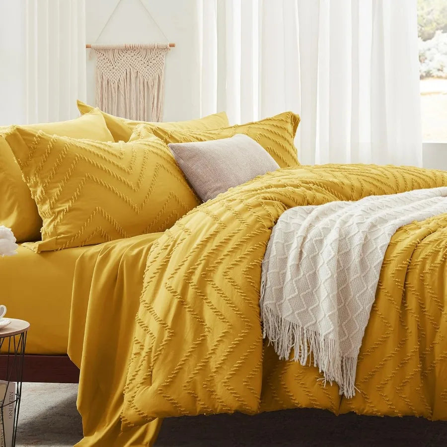 Queen Comforter Set Mustard Yellow Tufted Bed in a Bag 7 Pieces with Sheets All Season Bedding Sets 1 Comforter 2 PillowShams P