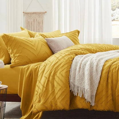 Queen Comforter Set Mustard Yellow Tufted Bed in a Bag 7 Pieces with Sheets All Season Bedding Sets 1 Comforter 2 PillowShams P