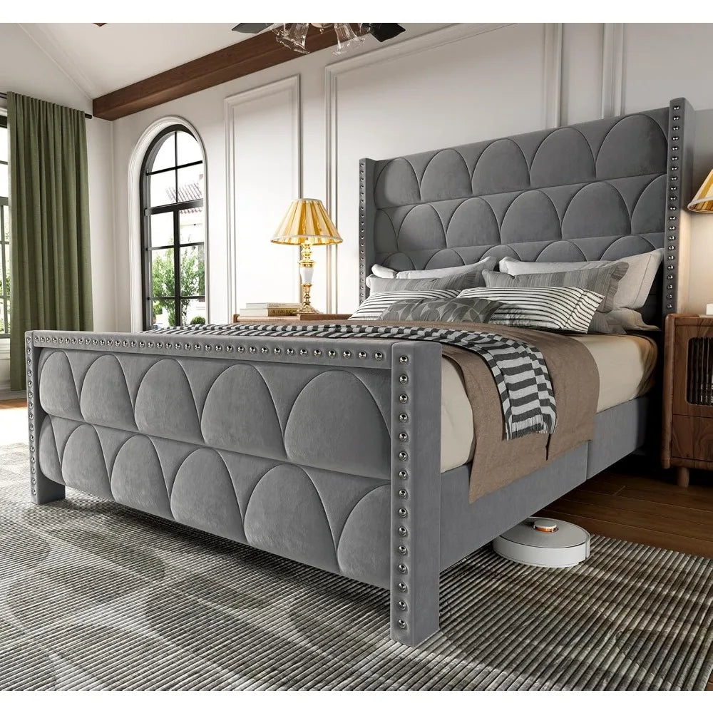Queen Size Bed Frame with 56" Headboard - 1000LBS Capacity Support, Velvet Upholstered Wingback Platform Bed Frame, Noise Free,