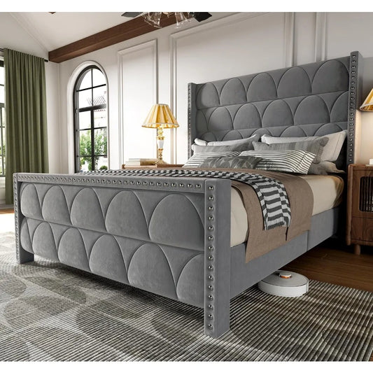 Queen Size Bed Frame with 56" Headboard - 1000LBS Capacity Support, Velvet Upholstered Wingback Platform Bed Frame, Noise Free,