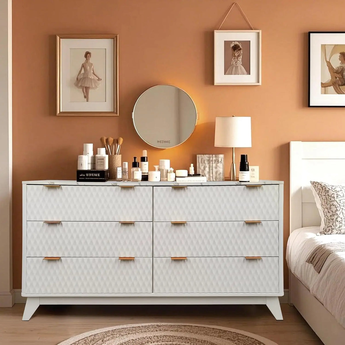 Fluted Dresser for Bedroom, Modern 6 Drawer Dresser, Double Chest of Drawers with Faux Marble Top, Wood Storage Cabinet for Living Room, Hallway, Entryway