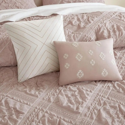 5-Piece Queen Size Comforter Set, Puy Seersucker Textured Grid Boho Bedding, Dusty Pink Plaid Comforter with 2 Shams & 2 Decorat
