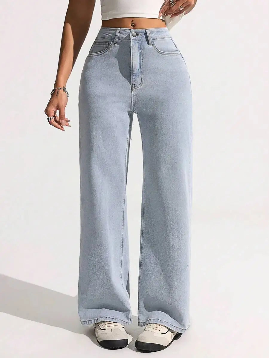 High Waist Wide Leg Washed Denim Jeans for Women - Casual Streetwear Style