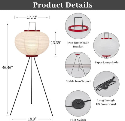 Japanese Rice Paper Floor Lamp 49.2' White Akari Standing Light with 3000K Bulb - Handmade Japandi Noguchi Lantern Shade for Bed