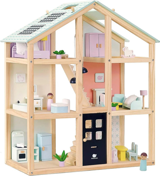 Wooden Dollhouse, Doll House with 38Pcs Furniture Accessories,3 Story Large Doll House, 6 Rooms Pretend Dollhouse, Gift for Girl