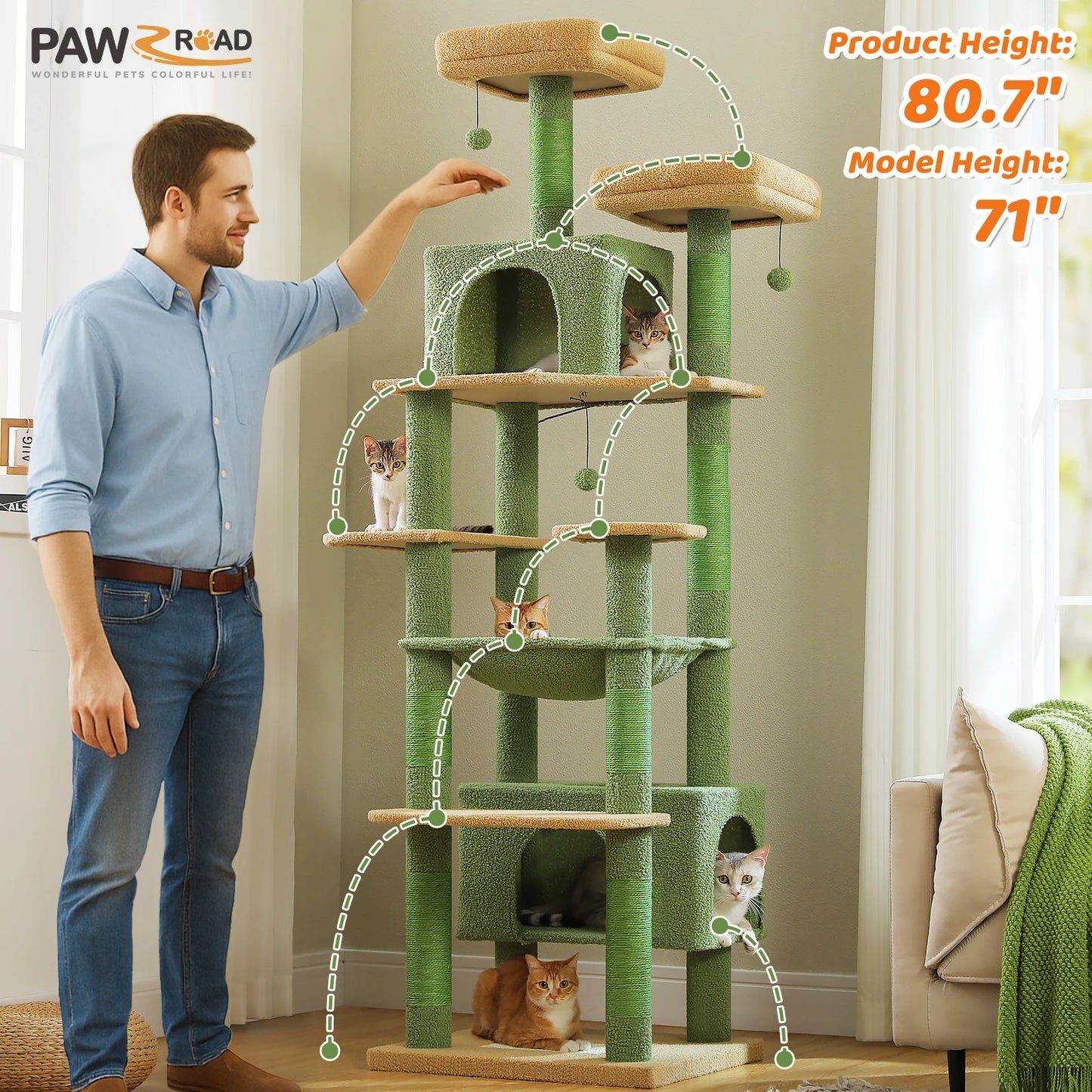 81 Inches Cat Tree Tower with Oversized Hammock&Perches, Two Condos, XL Extra Large Condo with 7 Scratching Posts for Large Cats