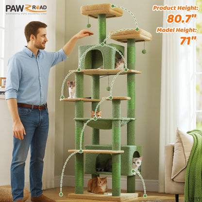 81 Inches Cat Tree Tower with Oversized Hammock&Perches, Two Condos, XL Extra Large Condo with 7 Scratching Posts for Large Cats