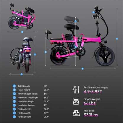 Pink Women Folding Electric Bike for Adults 500W Motor 20MPH 48V 20Ah Ebike 14'' Lightweight & Portable Adults Electric Bicycles