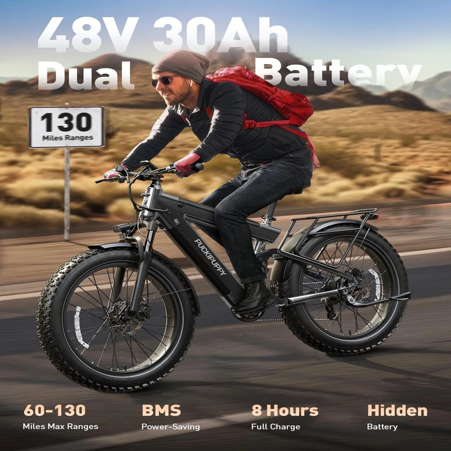 PUCKIPUPPY Mountain Electric Bike 1350W, 48V 30AH Dual Battery Ebike 130 Miles Long Range Full Suspension E bike 26" Fat Tire