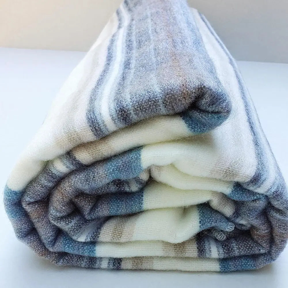 Alpaca Wool Throw Blanket | Super Soft, Lightweight, Breathable and Hypoallergenic | Non-Itchy or Scratchy (Blue White Varicolor