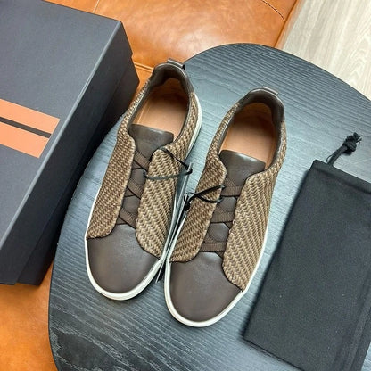 Low profile luxury men's casual loafers, casual sports shoes, elastic knitted leather driving shoes, lightweight and breathable