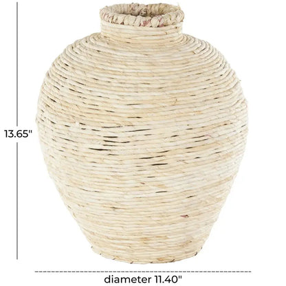 Bamboo Wood Handmade Decorative Vase Wrapped Pot Centerpiece Vase, Vase for Home Decoration 11 x 11 x 14, Cream