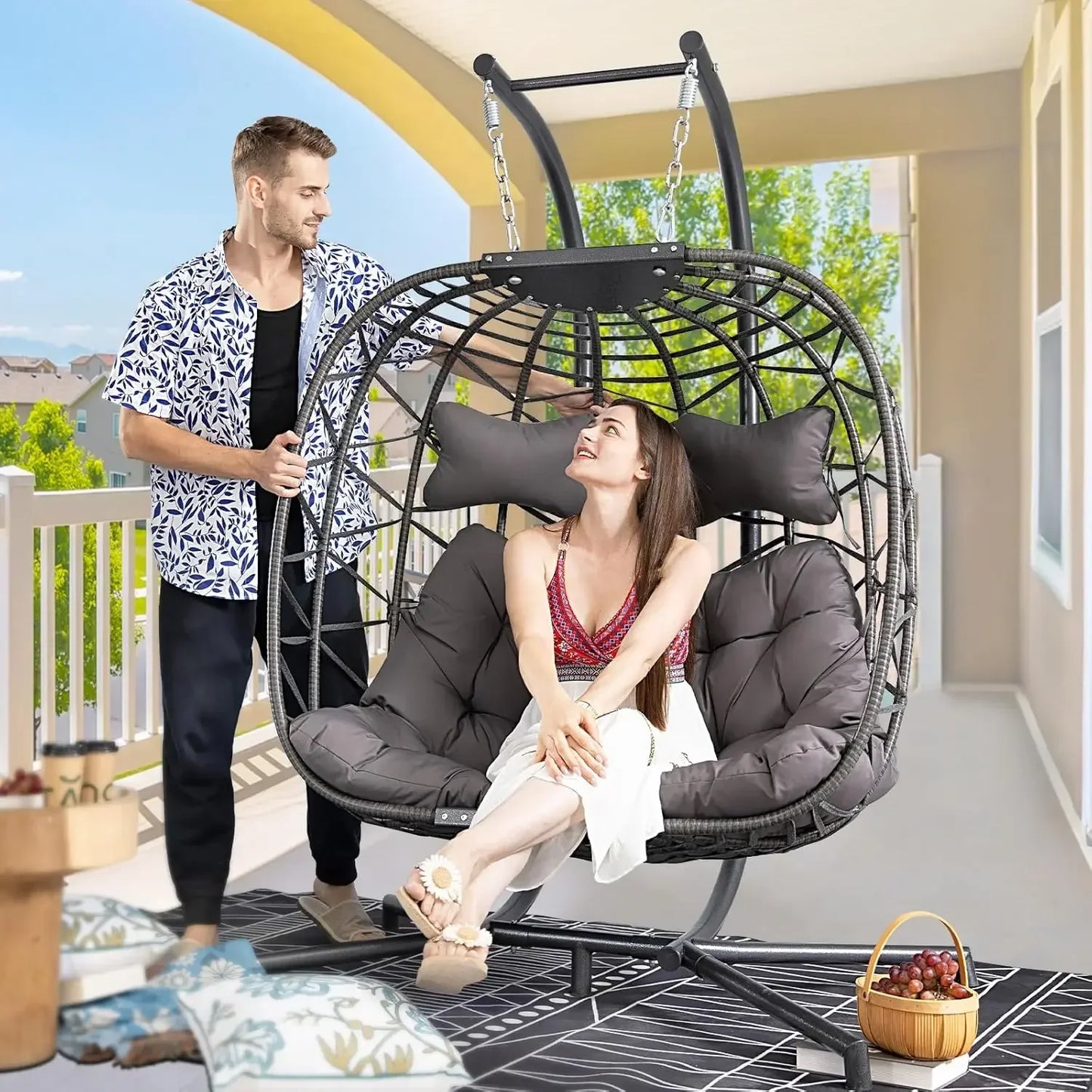 Extra Large Double Hanging Egg Chair 2 Person Outdoor Indoor Heavy-Duty 700 Lbs Wicker Hammock Swing Chair with Stand,Customized