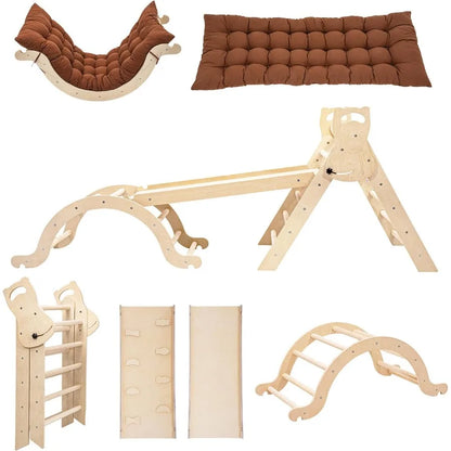 Large Foldable Toddler Climbing Toys Indoor Jungle Gym Pikler Triangle Set with Cushion Slide and Arch 7in1 Montessori Climbing