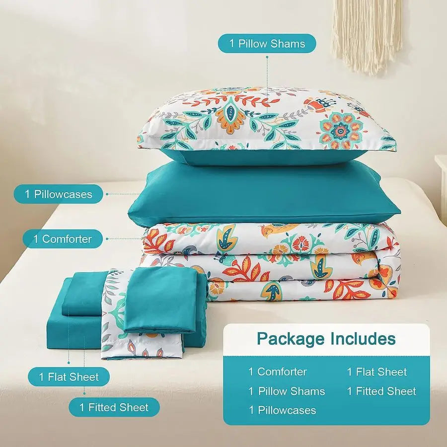 Boho Comforter Set Twin 5 Pieces Bed in a Bag Floral Medallions Design, Bohemian Comforter Set with Sheets, Soft Microfiber Comp