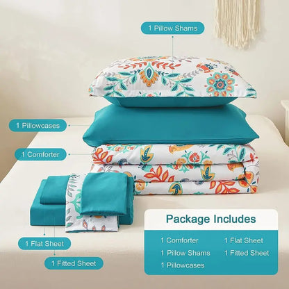 Boho Comforter Set Twin 5 Pieces Bed in a Bag Floral Medallions Design, Bohemian Comforter Set with Sheets, Soft Microfiber Comp