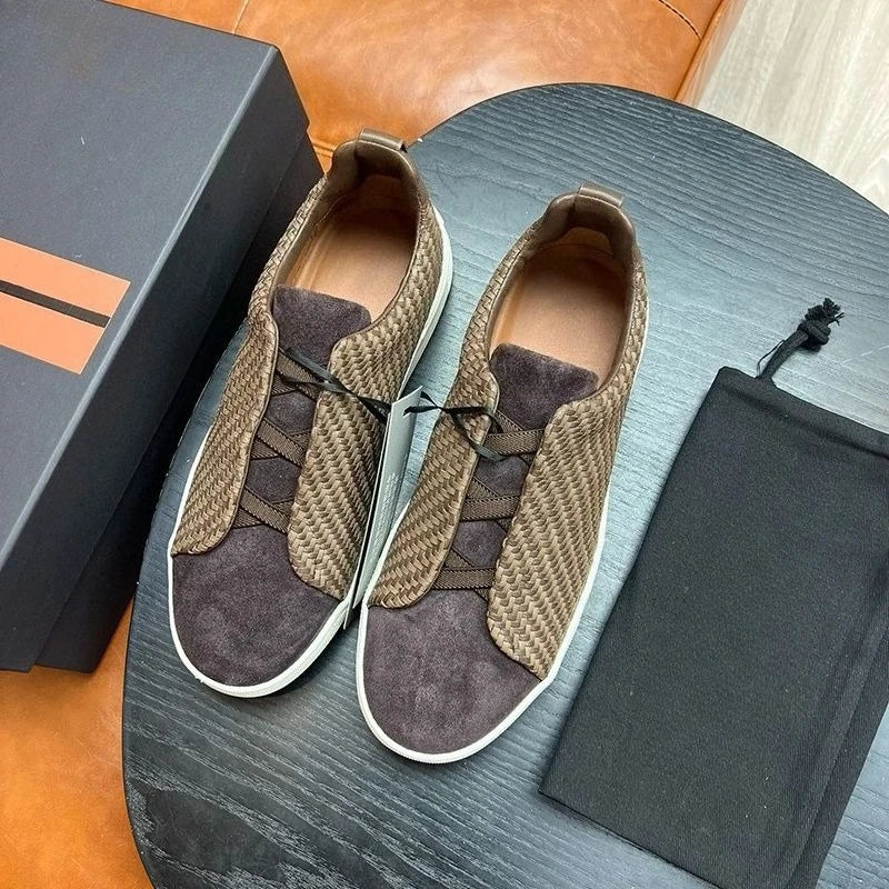 Low profile luxury men's casual loafers, casual sports shoes, elastic knitted leather driving shoes, lightweight and breathable