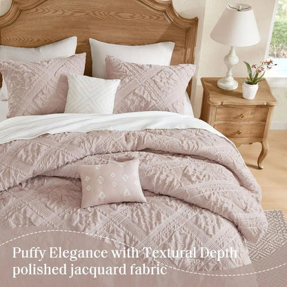 5-Piece Queen Size Comforter Set, Puy Seersucker Textured Grid Boho Bedding, Dusty Pink Plaid Comforter with 2 Shams & 2 Decorat