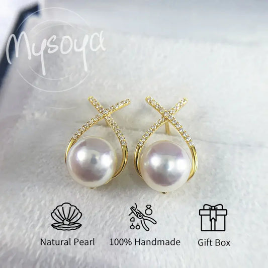 MYSOYA Japan Akoya Seawater Pearl Simple Design Earrings 8-8.5 Mm Gift Box For Her Him For Birthday Wedding Valentine's Day