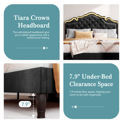 HOOMIC Bed Frame with Adjustable Velvet Tiara Headboard, Upholstered Diamond Button Tufted Platform Bed, Wood Slats Support,
