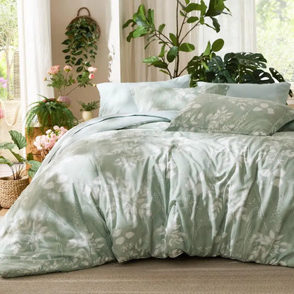 Queen Comforter Set 7 Pieces Floral Sage Green GentleSoft Bedding Sets, Queen Bed in a Bag with Botanical Flowers Winter Comfort