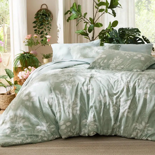 Queen Comforter Set 7 Pieces Floral Sage Green GentleSoft Bedding Sets, Queen Bed in a Bag with Botanical Flowers Winter Comfort