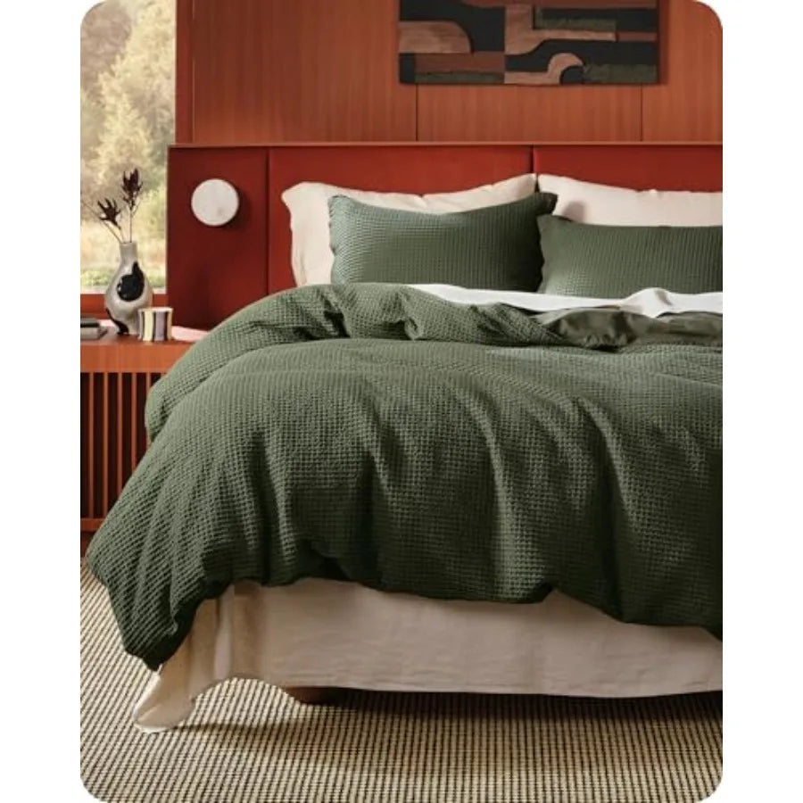 Olive Green 100 Cotton Waffle Weave Duvet Cover Set for All Season Oversized King Size GentleSoft and Breathable Bedding 3 Piec