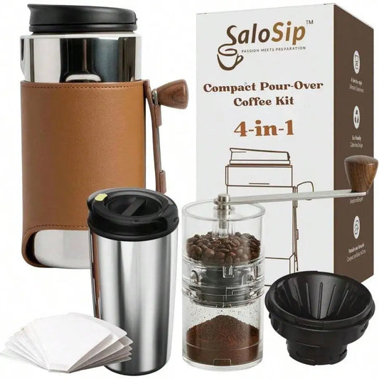 4-In-1 Portable Manual Pour Over Coffee Maker With - Travel Camping Pour Over Set - All-In-One Portable Coffee Kit With Stainles