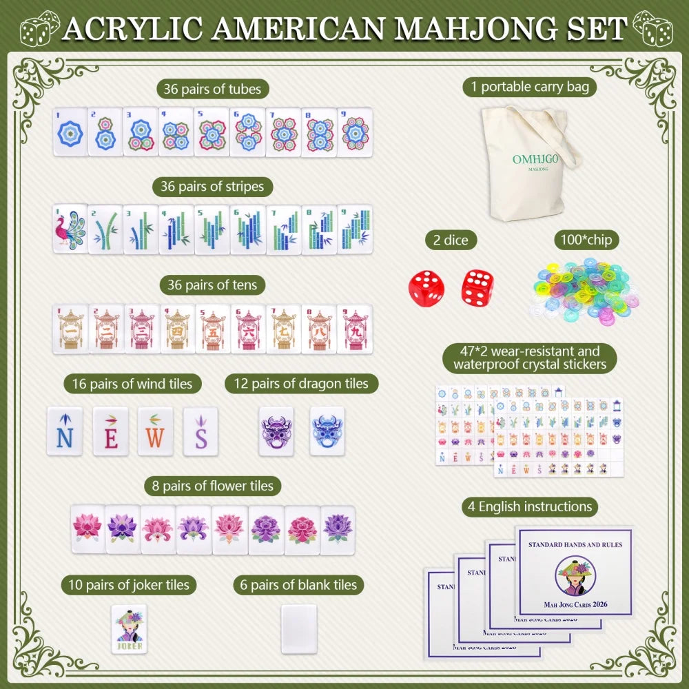 Olive Green Luxury Mahjong Game Tiles 4-Layer Acrylic Engraved American Mahjong Set Portable Mah Jongg Sets for Adult Board Game