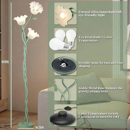 Cute Flower Floor Lamp, 3-Head LED Standing Lamp with Flexible Gooseneck, 3 Color Temperatures, Green