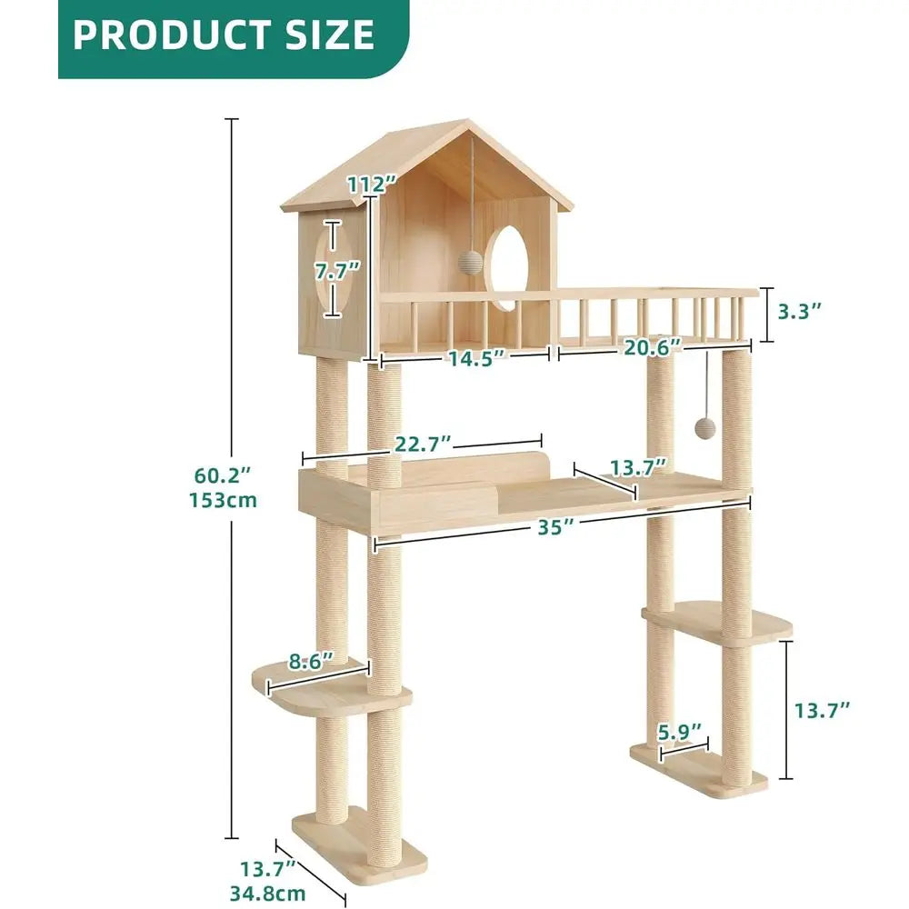 60.2 High Self-Cleaning Litter Box Cat Tree, Multi-Level Wooden Cat Tower with Scratching Post, House, Burlywood