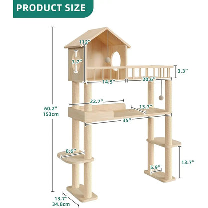 60.2 High Self-Cleaning Litter Box Cat Tree, Multi-Level Wooden Cat Tower with Scratching Post, House, Burlywood