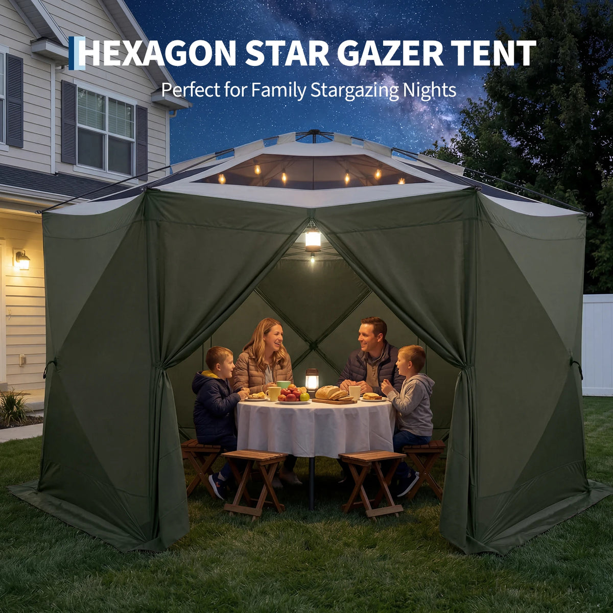 Starry Sky Shed Outdoor Tent with Eaves Hexagonal 13x13FT with 6-sided Screen Khaki/Green 210D Oxford Cloth Large Folding Canopy Screen Tent Ind Cloth, Bite-Proof Mesh, Carry Bag, Easy Setup Outdoor Shelter for Patio, Backyar
