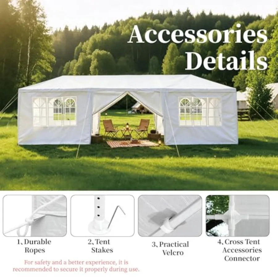 10x30FT Outdoor Party Tent with 8 Removable Sidewalls, PE Fabric Gazebo Shelter with Steel Frame, Ropes and Stakes Included for