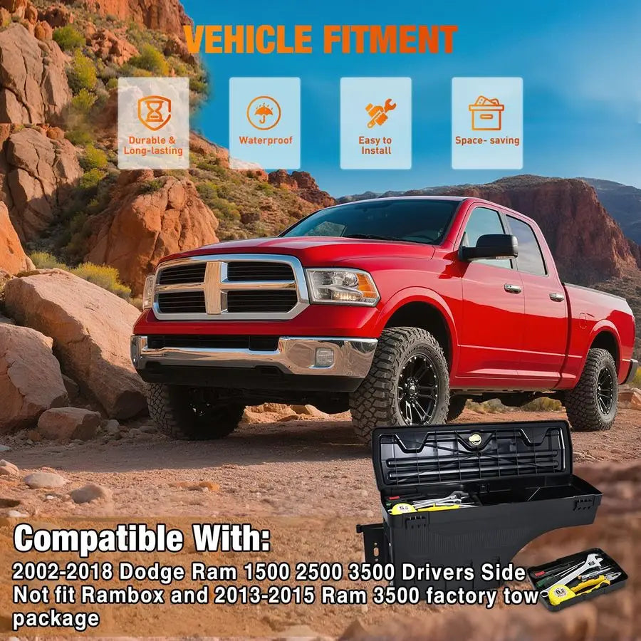 Truck Bed Tool Box Left Drivers Side Truck Tool Box Fit for Dodge Ram 1500 2500 3500 20022018 ABS Swing Case Truck Bed Storage B