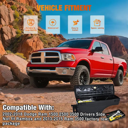 Truck Bed Tool Box Left Drivers Side Truck Tool Box Fit for Dodge Ram 1500 2500 3500 20022018 ABS Swing Case Truck Bed Storage B