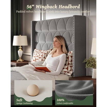 Queen Size Bed Frame with 56" Headboard - 1000LBS Capacity Support, Velvet Upholstered Wingback Platform Bed Frame, Noise Free,