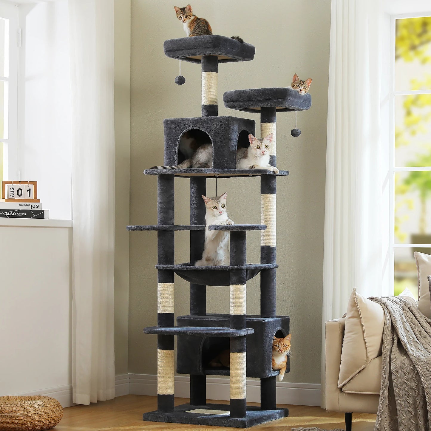 81 Inches Cat Tree Tower with Oversized Hammock&Perches, Two Condos, XL Extra Large Condo with 7 Scratching Posts for Large Cats